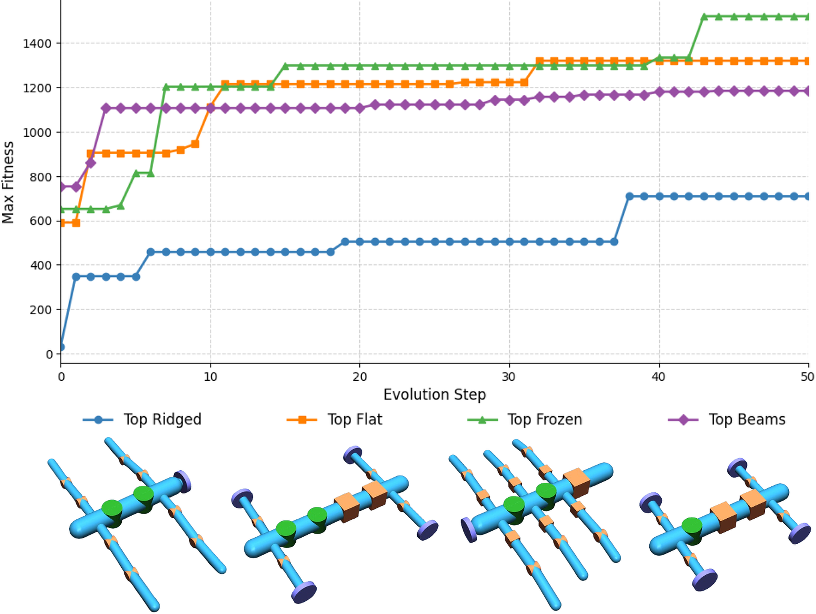 Evolution trajectory of the best-performing seed for each terrain