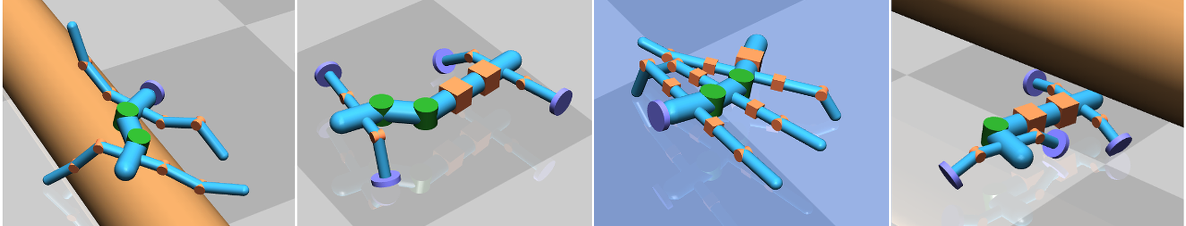 Top robot designs evolved by RoboMorph for four terrains: ridged, flat, frozen, and beams